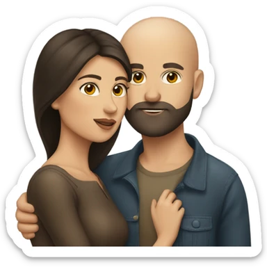 dark brown haired woman kissing bald man with beard sticker