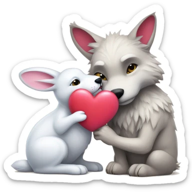 Old Wolf kisses a white Bunny who has pink ears, with big red heart between them sticker