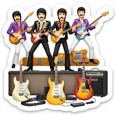 Rock music icon: dynamic collage of global rock legends like The Beatles, Jimi Hendrix, Elvis Presley, Freddy Mercury and Curt Cobane, surrounded by guitars, amplifiers, and stage lights. Symbolizing the energy and power of rock music. Transparent background. sticker