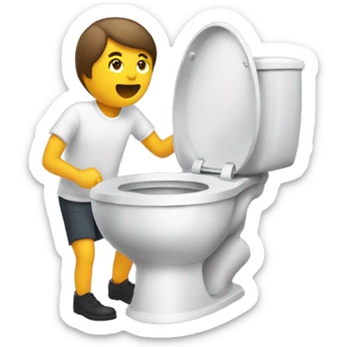 A person exiting a toilet with a chat bubble saying “skibidi!” sticker