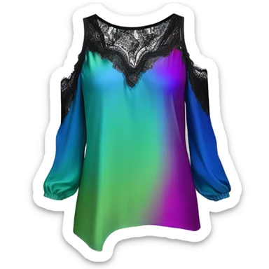 Realistic isolated side view of a metallic cobalt blue,magenta,and pistachio green ombre low cut cold shoulder blouse with long black lace sleeves. sticker