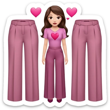  emoji, white person, inspired with brunette hair, brown eyes, long hair, heart shape lips and pink make up  and pink nails, mauve pink blush and brown wide leg pants, burgundy shoulder drop shirt, brown heels , princess hair, brown heels, no floating hearts  sticker