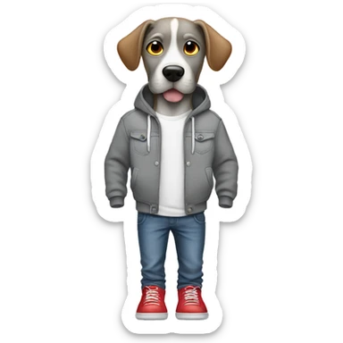 Dog,gray hoodie, jeans,hands in pockets, red shoes sticker