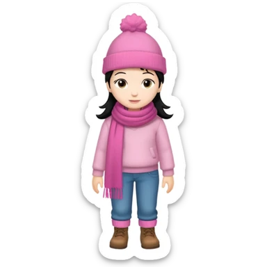 Kid wearing pink hat and scarf, black hair, full body sticker