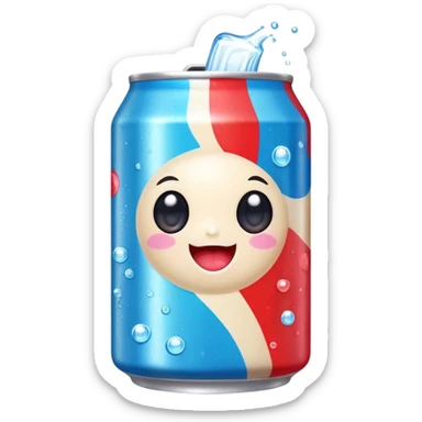 Cute Kawaii Soda Can, bubbly and vibrant, bright red and blue stripes, playful fizz popping around, a chubby happy face with wide sparkling eyes, energetic and refreshing! sticker