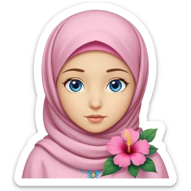 Turkish beautiful finish Konya girl blue eyes with light pink yellow summer hijab islamic dress and had on her hijab hibiscus flower sticker