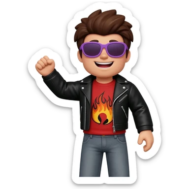 Cool Roblox boy avatar emoji, brown hair, purple sunglasses, smiling face, black leather jacket, red shirt with flame design, gray jeans, confident pose with one hand raised, playful and stylish vibe, 3D cartoon style, bright lighting, cute gaming emoji style sticker