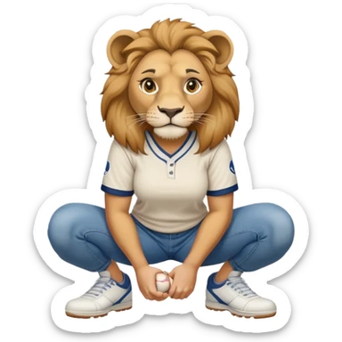 confident anthropomorphised female lion wearing a baseball shirt, jeans, trainers, squatting, empty hands sticker