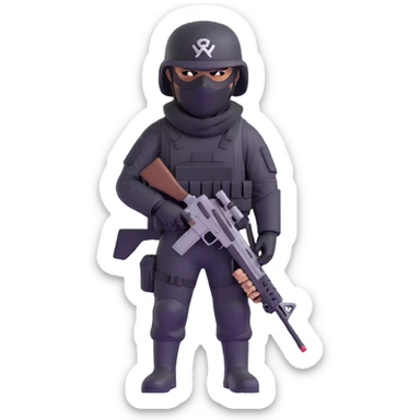 armed figure in all-black military clothing, shiesty mask, and helmet sticker