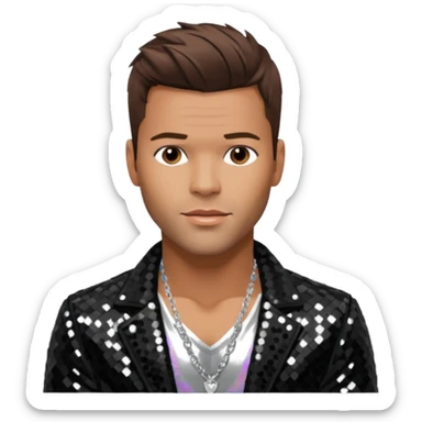 Ricky Martin with brown hair, black sequin jacket, shirtless with necklace sticker