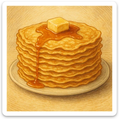 classic illustration of french crêpes, appetizing stack of thin golden brown pancakes with a pat of butter and a drizzle of syrup sticker
