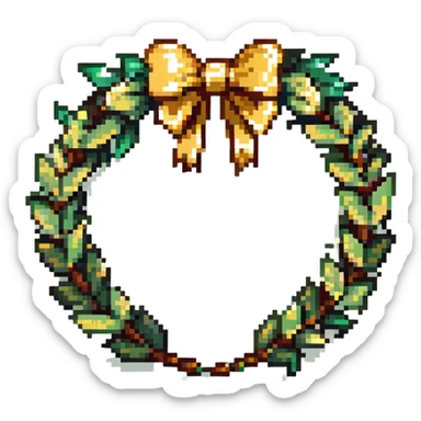 A laurel wreath made of fresh or natural-looking laurel leaves, neatly woven into a circle. The leaves are glossy, rich green, with golden veins. The wreath is adorned with a thin golden ribbon tied in a bow at the back. sticker