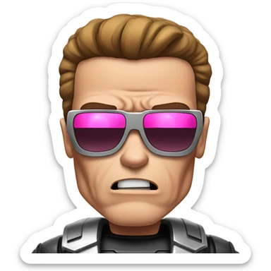 Crying Schwarzenegger-like Terminator, upper body only, wearing his iconic clothes in pink (all clothes must be pink), looking more human with minimal robotic details sticker
