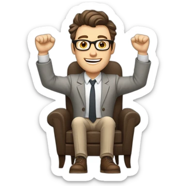Joyful Celebrating victory Hands up Pale skinned Fit Man With dark brown hair in gray jacket, beige office shirt, Brown pants and vintage glasses sitting In a soft chair sticker