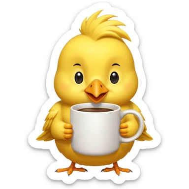 Happy yellow bird holding a coffee mug by the handle sticker