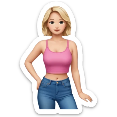 jennifer lawrence, pink crop top, and blue jeans, leaning on a balcony with a harbor and cityscape in the background, smiling sticker