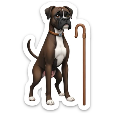 Elderly dark black boxer dog standing on hind 2 legs using a cane sticker