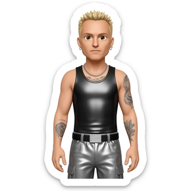 Chester Bennington with brown eyes, blonde hair, black metallic tank top, gray metallic baggy pants, silver necklace sticker