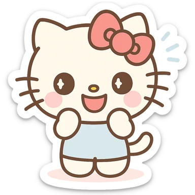 Hello Kitty laughing, kawaii style, pink cheeks, big smile, white cat with red bow, playful and adorable sticker