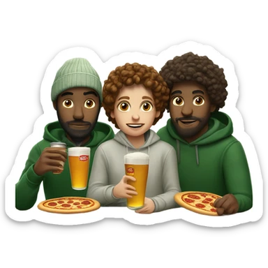 Three white college students, one wearing a ribbed green sweater,another one is artsy and wears beanies and hoodies, and the other has curly hair and beard wears a linen shirt. They are eating pizza in lower Manhattan, and drinking Stella Artois sticker
