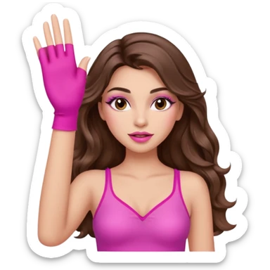 girl with long wavy brown hair, brown eyes, long lashes makeup, sexy pink lips, light to medium complexion, wearing a pink sexy top, one hands in the air high sticker