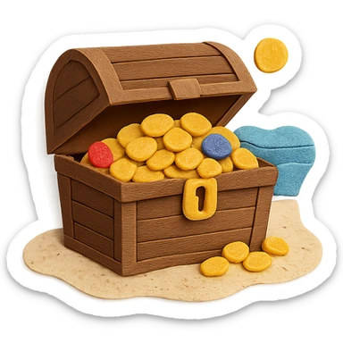 illustration of a treasure chest overflowing with gold coins and jewels on a sandy beach in paper-craft style sticker
