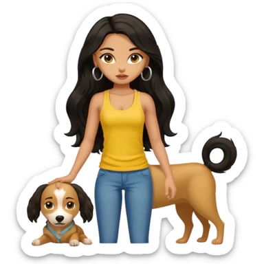 a tan pretty bratz girl with long wavy black hair, wearing a yellow tank top with a street dog sticker