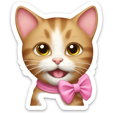 light brown kitty cat with pink bow licking milk off sticker