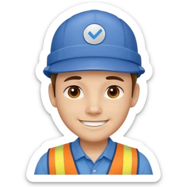 This is a cartoon-style avatar of a worker wearing a blue cap and a matching blue shirt, with a neutral expression. sticker