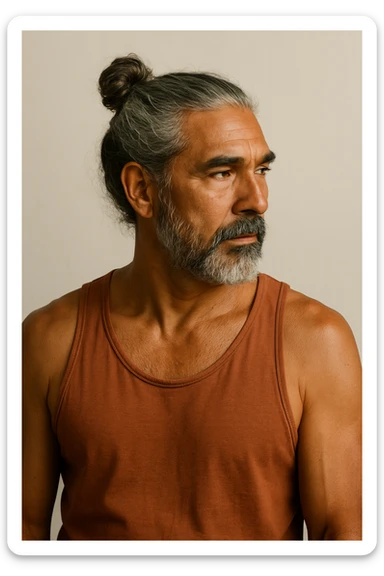 brown tanned man over 40 with long grey hair in a bun, looking to the side, upper body, plain background sticker
