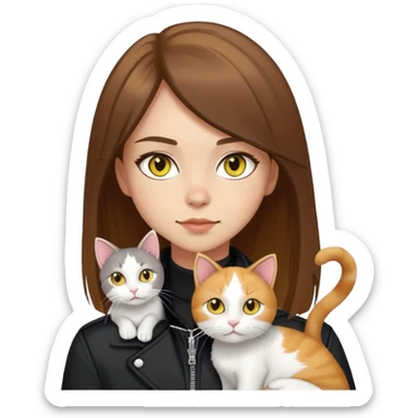 Light-skinned girl with brown straight hair wearing a black jacket, with a white cat with yellow eyes and a calico cat sticker