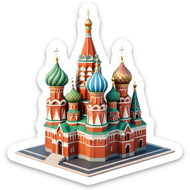 Isometric illustration of Moscow, featuring photorealistic Saint Basil's Cathedral with colorful onion domes, hand-drawn painterly details, subtle texture on bricks and roofs, realistic shadows and soft lighting, muted yet vivid color palette, diorama miniature effect. sticker