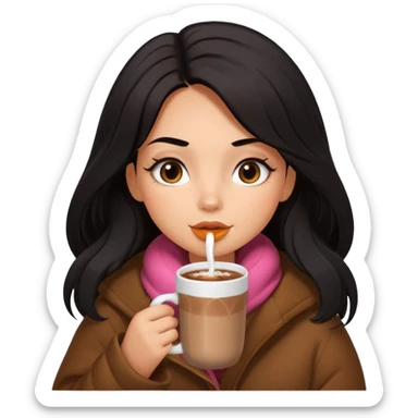 anned Girl with lashes , bright black long hair, in an extremely big fluffy brown oversized jacket, and drinking hot chocolate drink sticker