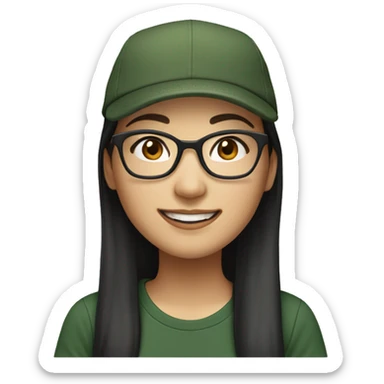 Hyper realistic, look from side, asian adult woman, light white skin, smiling with teeth, black eyes, spotted frame glasses, long brown straight hair with highlighted strands, black T-shirt, dark green cap. sticker