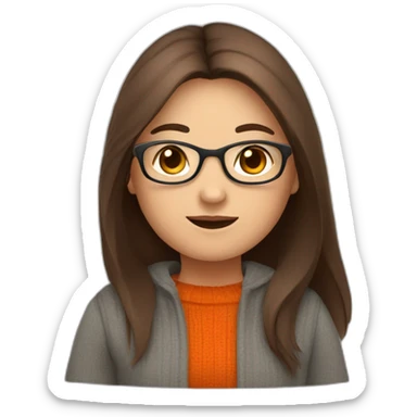 cute chubby girl with light grey glasses with long straight brown hair waving wearing a dark orange sweater sticker