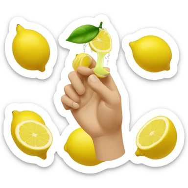 a hand squeezing a lemon sticker