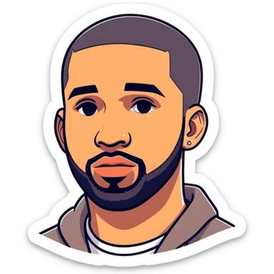 2012 illustration, version of Drake,  canadian actor, singer and rapper from Toronto, must be ultra hyperrealistic, and mirco-detailed, 3D appearance sticker design
 Must be 8k hd, 8000x8000px resolution. Must use very thin transparent smooth lines around sticker.  sticker