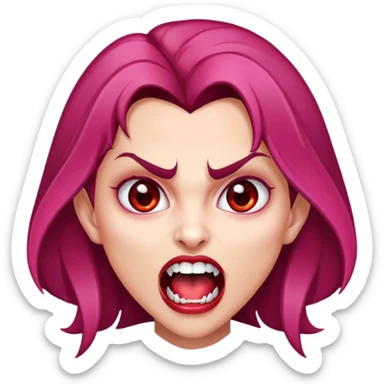 Uma vampira, com a boca aberta mostrando os caninos afiados. Olhos castanhos, cabelo com mechas vermelhas quase rosa. Rosto oval, tom de pele parda. sticker