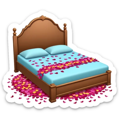 Romantic double-bed with flower petals spread on it  sticker