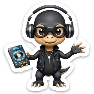 Dinosaurio muy tierno músico DJ con ropa negra futurista  sticker