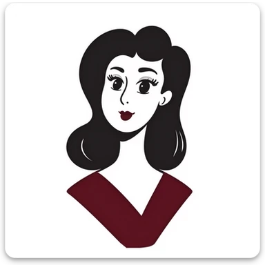 Sophisticated woman in her 30s with bright complexion, defined features, almond eyes with bold eyeliner and notable lashes, medium-thick eyebrows, straight elegant nose, thick bright red lips, voluminous dark straight hair with soft waves at ends, wine red velvet V-neck dress sticker