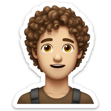 cute guy with hazel green eyes, brown loose pretty curly hair, looking shocked, white skin sticker