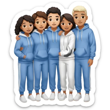 four mixed race friends all wearing white oversized hoodies, white sweatpants, and white slides huddled together hugging sticker