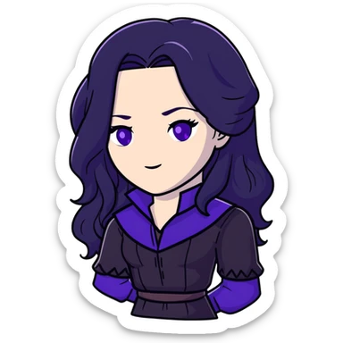 Yennefer from Witcher with long black hair, violet eyes, pale skin, wearing black clothes sticker