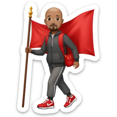 Bald black man with a white goatee in sneakers carrying a red flag sticker
