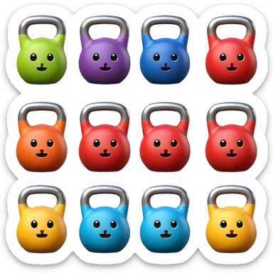 6 colorful cartoon kettlebells with faces, arms, legs, white background. sticker