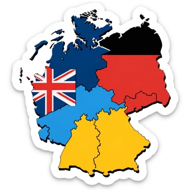 Germania divisa con bandiera US sud-ovest (Monaco, Francoforte), UK nord-ovest (Amburgo, Colonia), URSS est (Berlino Est, Dresda), France sud-ovest (Stoccarda, Friburgo) sticker