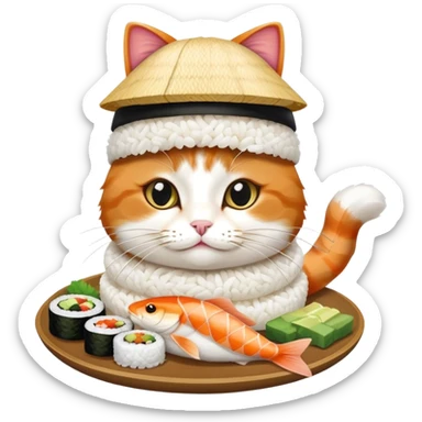 cat wearing a sushi hat with rice base, multiple fish pieces on top, wasabi accent, and soy sauce dripping, sushi hat with sauce sticker