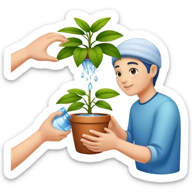 hands pouring water onto a potted plant, simple and friendly sticker