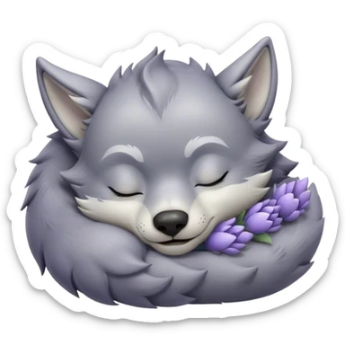 Meme-Worthy Cute Sleeping Werewolf Portrait Emoji, with a cuddly, miniature lupine form in soft moonlit grays and silvers, head resting peacefully with gently closed dreamy eyes and a small, content smile, simplified yet irresistibly endearing, highly detailed with a soft glowing outline that captures the cozy, sleepy essence of a werewolf after frolicking under the full moon! sticker